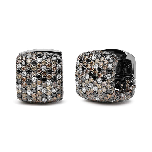 Black Rhodium Plated 18K White Gold 12 5/8 Cttw Multi Color Diamond Square Domed Huggie Hoop Earrings (Brown, Black, G-H Color, SI1-SI2 Clarity)