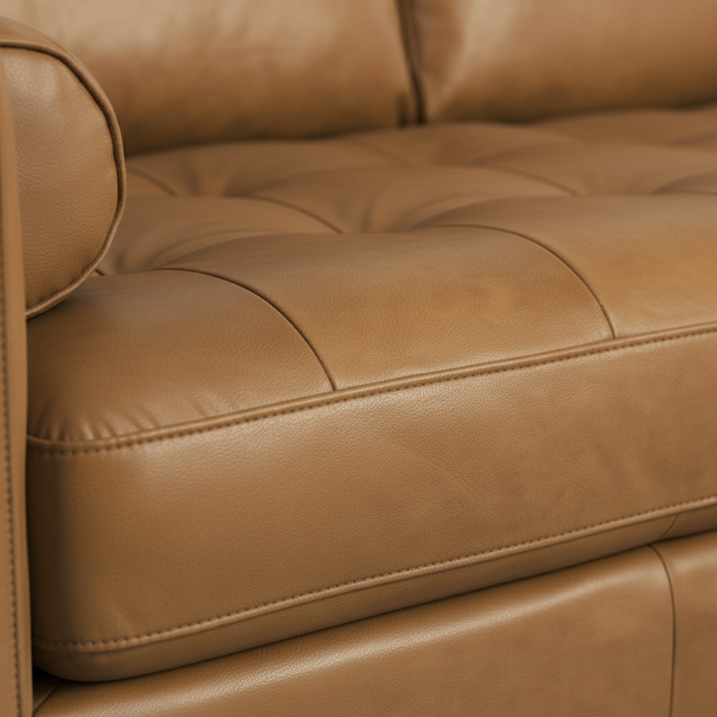Tan Genuine Leather L Shaped Sofa and Chaise Sectional With Toss Pillows