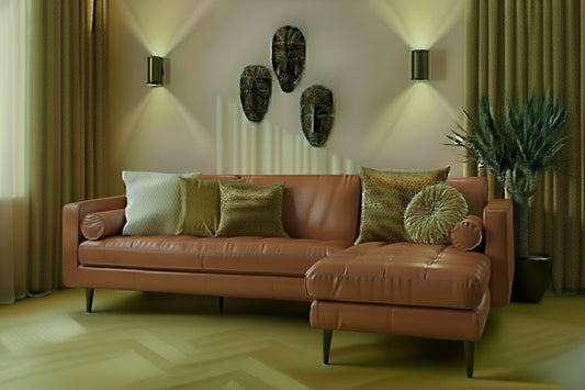 Tan Genuine Leather L Shaped Sofa and Chaise Sectional With Toss Pillows