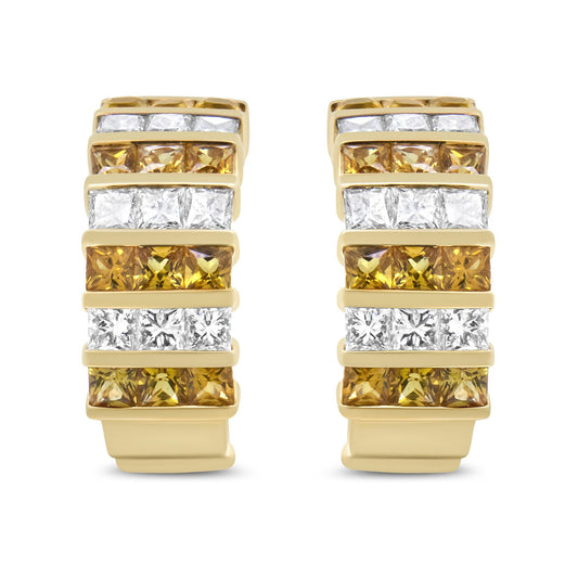 18K Yellow Gold 1 3/4 Cttw Invisible Set Princess Cut Diamond and 2.5mm Yellow Sapphire Huggie Hoop Earrings (F-G Color, VS1-VS2 Clarity)