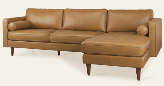 Tan Genuine Leather L Shaped Sofa and Chaise Sectional With Toss Pillows