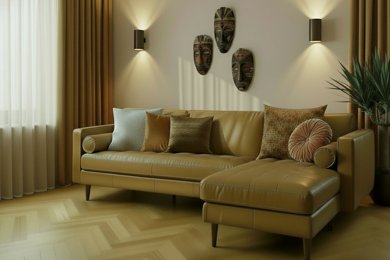 Tan Genuine Leather L Shaped Sofa and Chaise Sectional With Toss Pillows