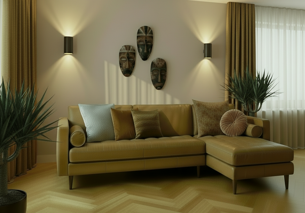 Tan Genuine Leather L Shaped Sofa and Chaise Sectional With Toss Pillows